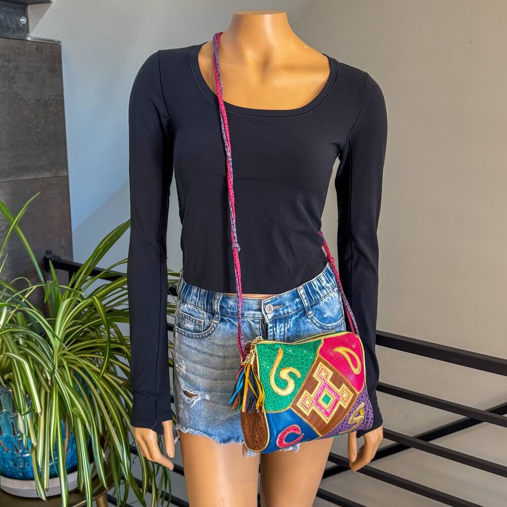 VTG 80s NAS Bag Alention Ld Patchwork Crossbody Exotic Reptile Tassel Maximalist - Picture 3 of 16